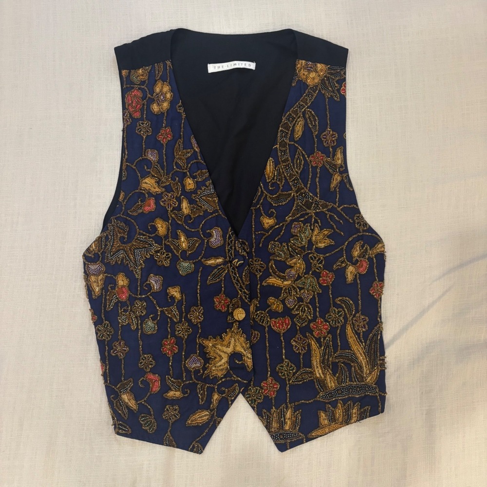 The Limited Vintage Beaded Floral Vest Navy Blue Gold Embroidered Waistcoat